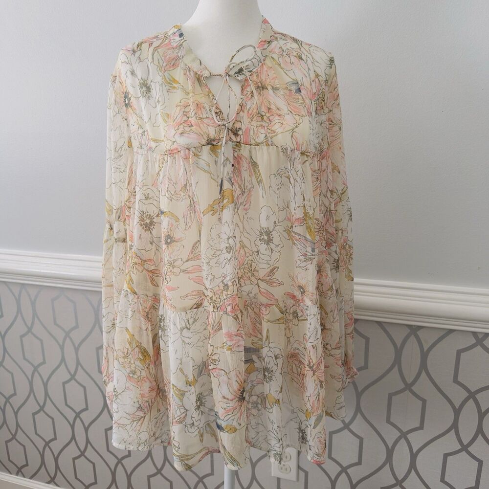 Lucky Brand Blouse Top Flowy Sheer 2X Floral Pastel Long Bell Sleeve Boho Overla